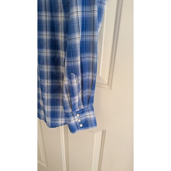 Wrangler Wrancher Blue Plaid Pearl Snap Button Down Shirt, Medium, Vintage - Picture 3 of 9